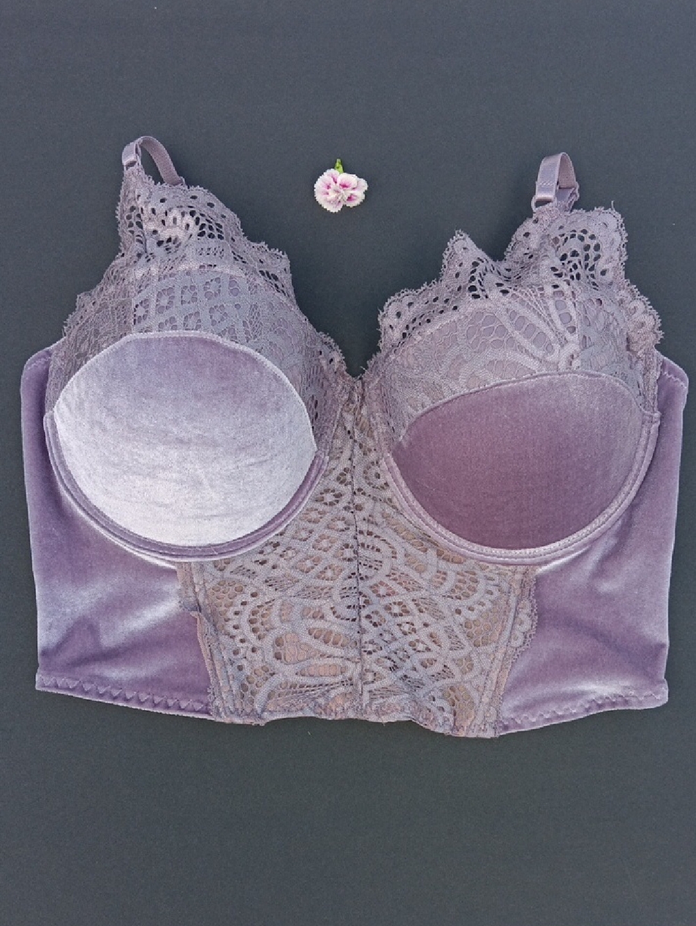 True Lace Trim Velvet Longline Bra - Dusty Lavender Size36D